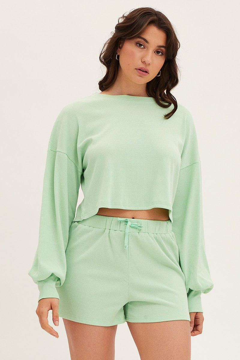 LG TOP Green Loungewear Shirts Crop Cotton for Women by Ally