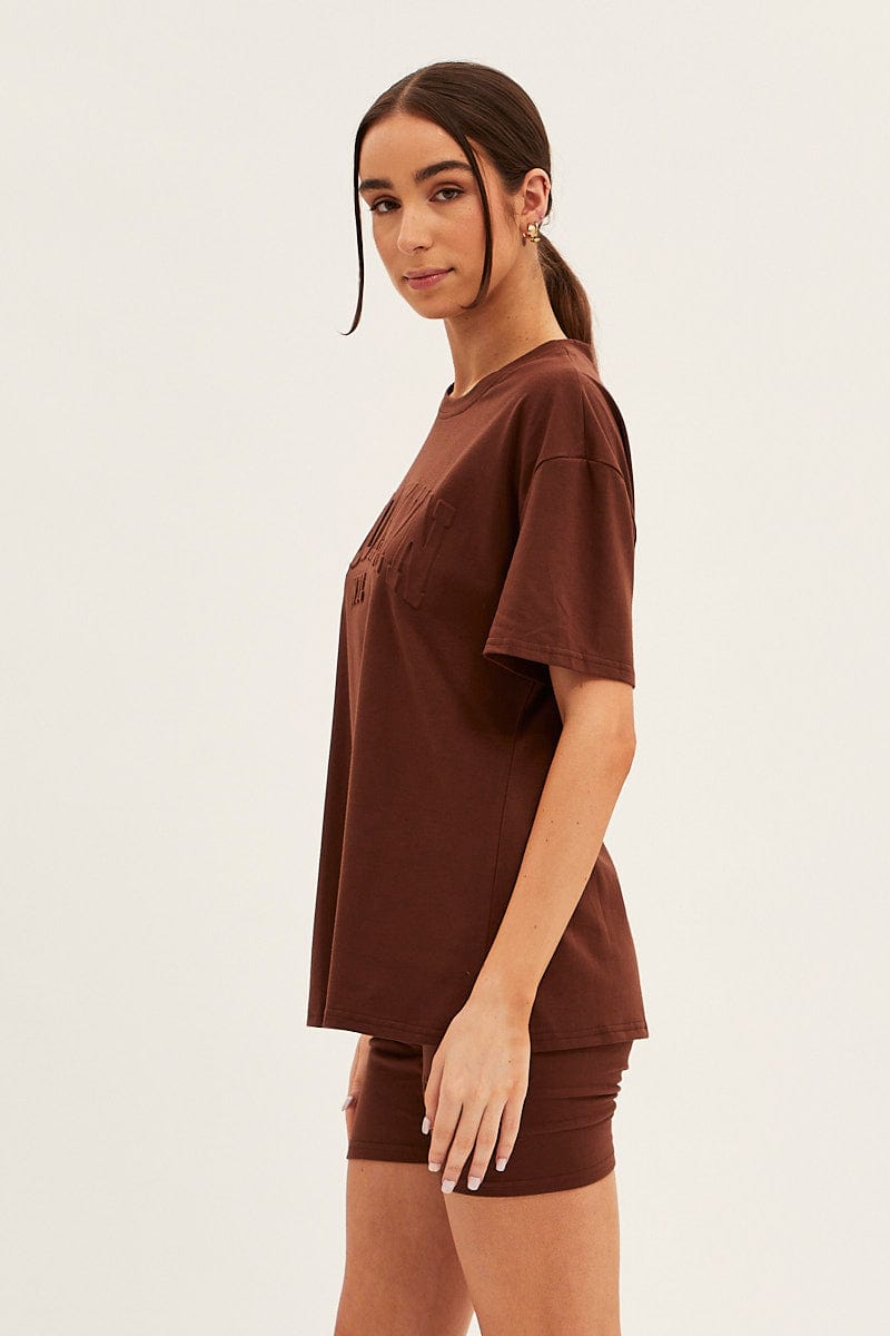 Brown Textured Tee And Biker Shorts Set for Ally Fashion