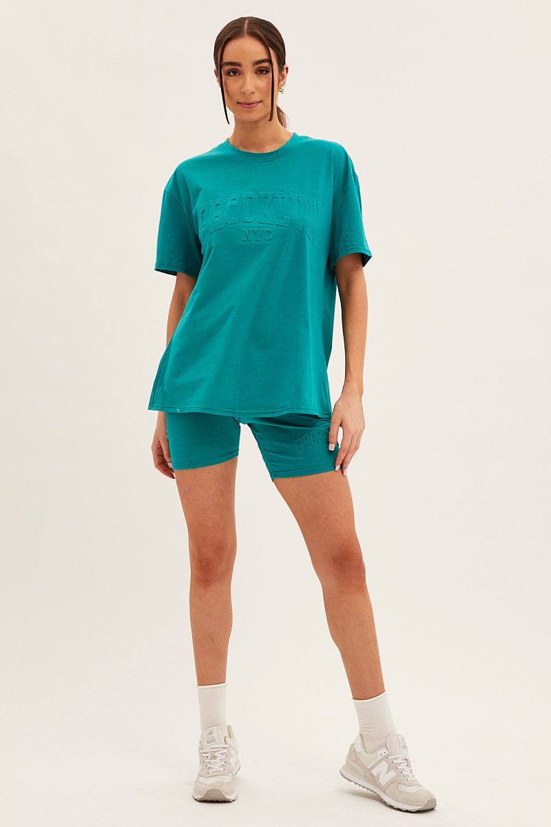Green Textured Tee And Biker Shorts Set for Ally Fashion