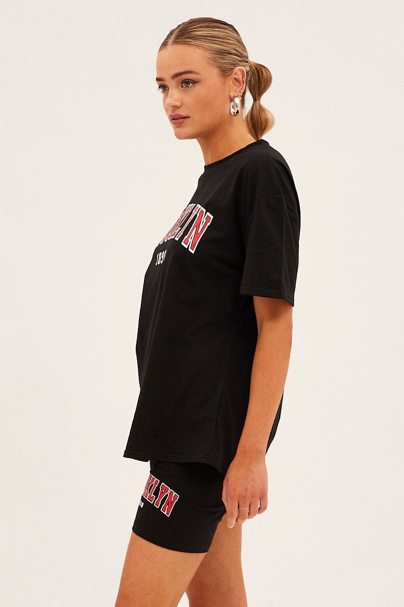 Black Graphic T And Biker Shorts Set for Ally Fashion