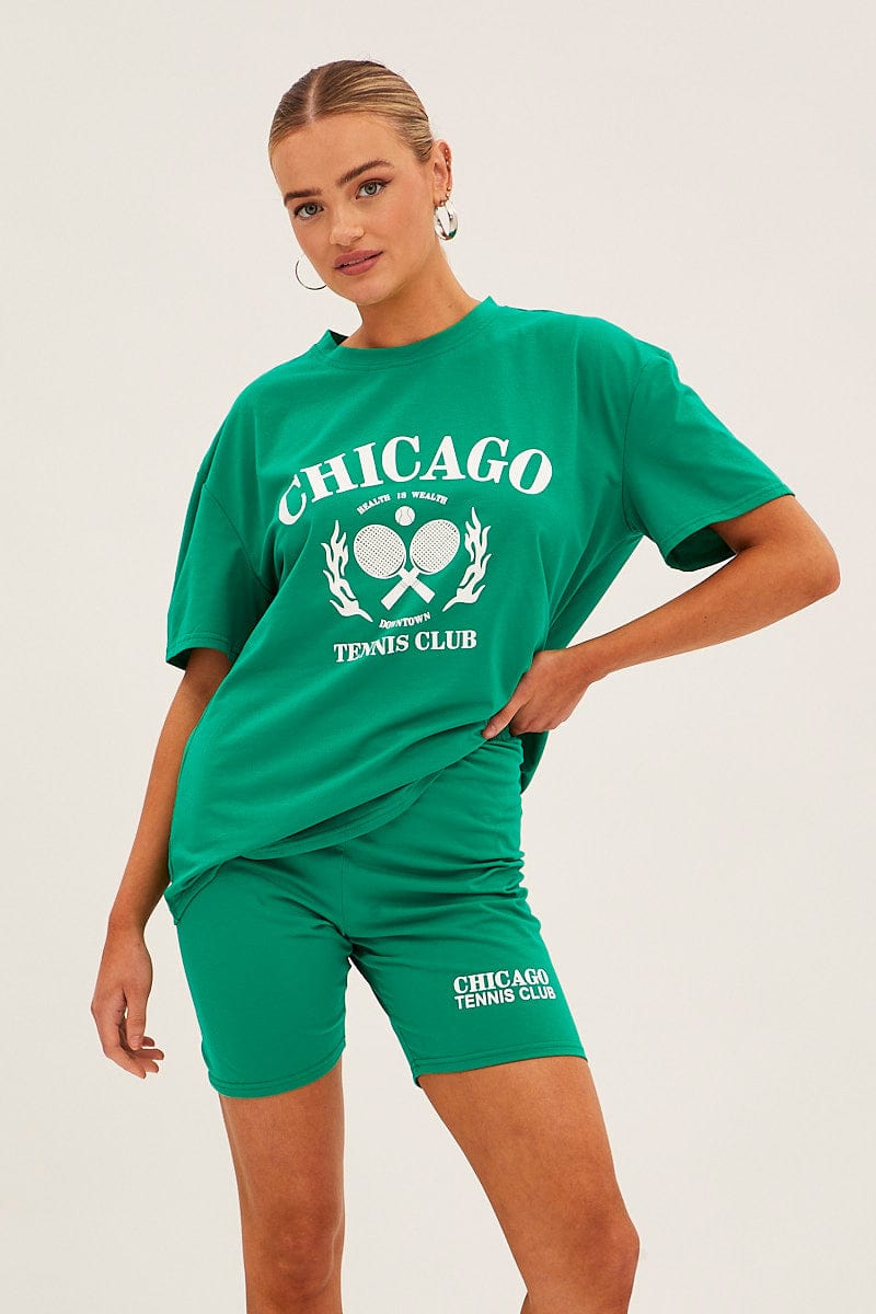 Green Graphic T And Biker Shorts Set for Ally Fashion