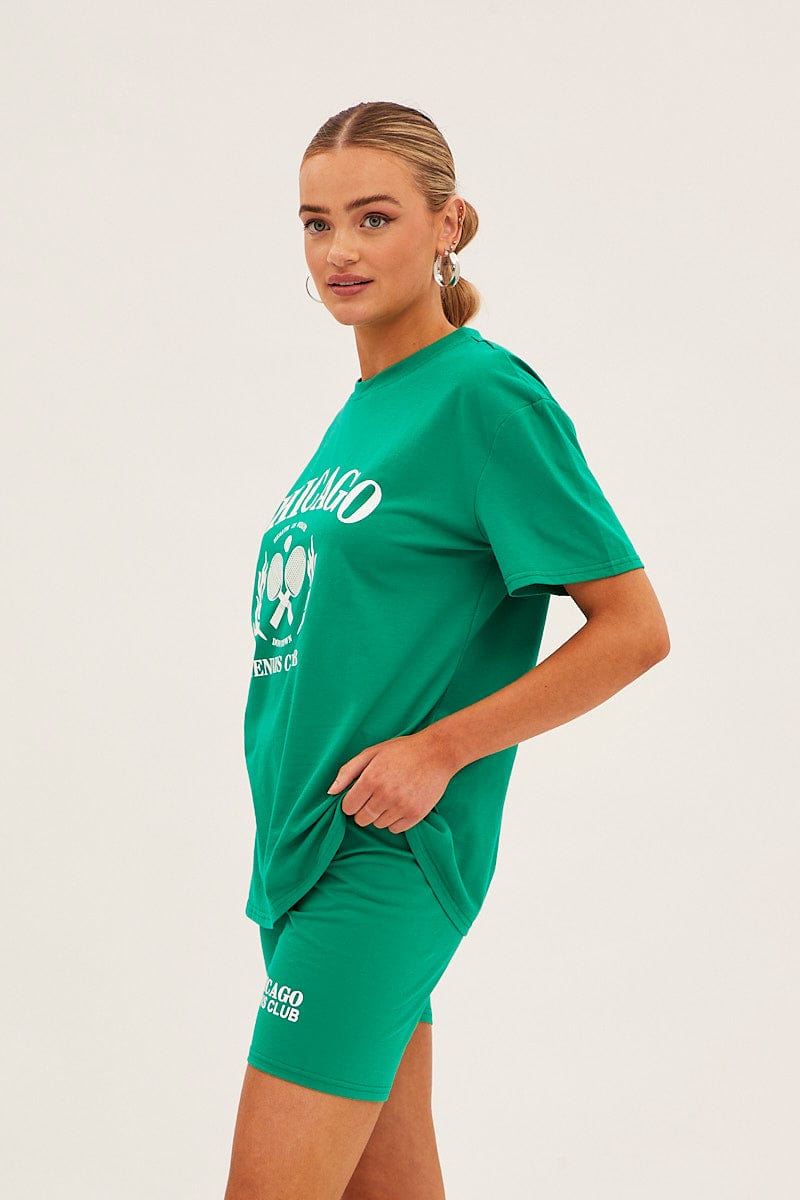 Green Graphic T And Biker Shorts Set for Ally Fashion