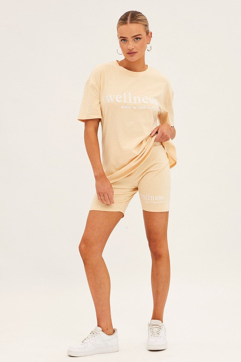 Beige Embroided T And Biker Shorts Set for Ally Fashion