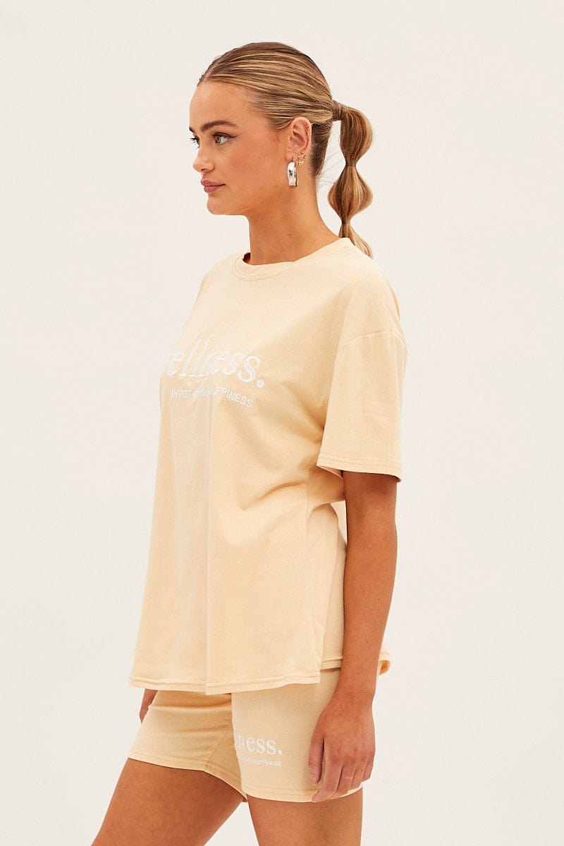 Beige Embroided T And Biker Shorts Set for Ally Fashion