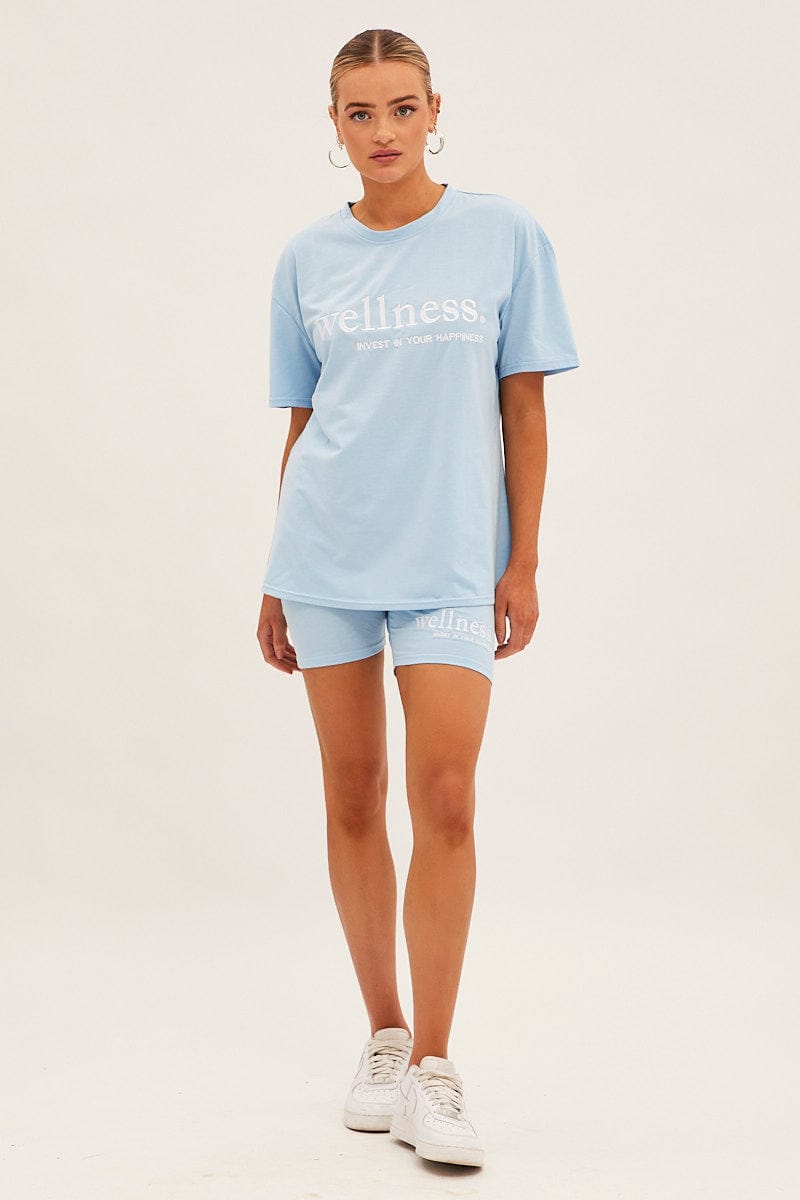 Blue Embroided T And Biker Shorts Set for Ally Fashion