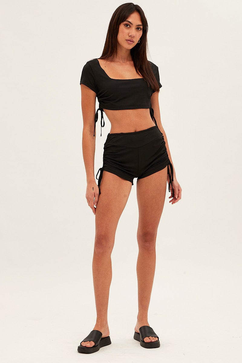 Black Crop Top Ruched Loungewear Set for Ally Fashion