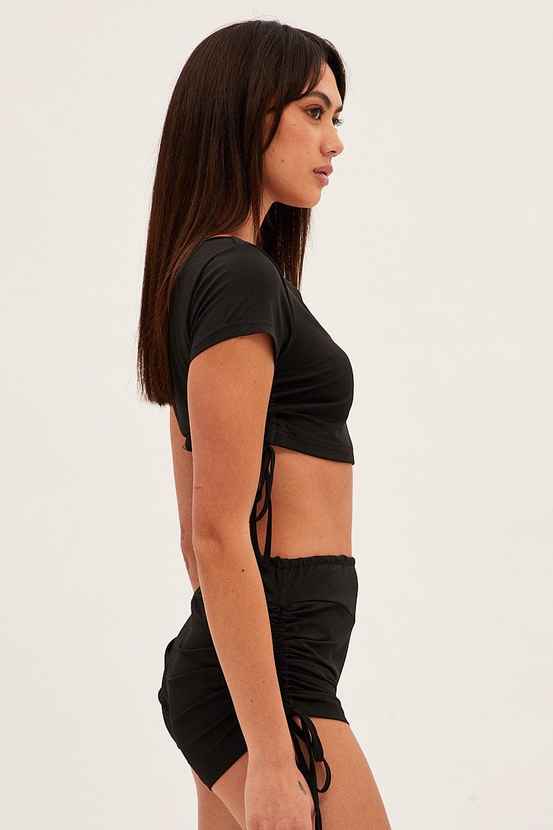Black Crop Top Ruched Loungewear Set for Ally Fashion