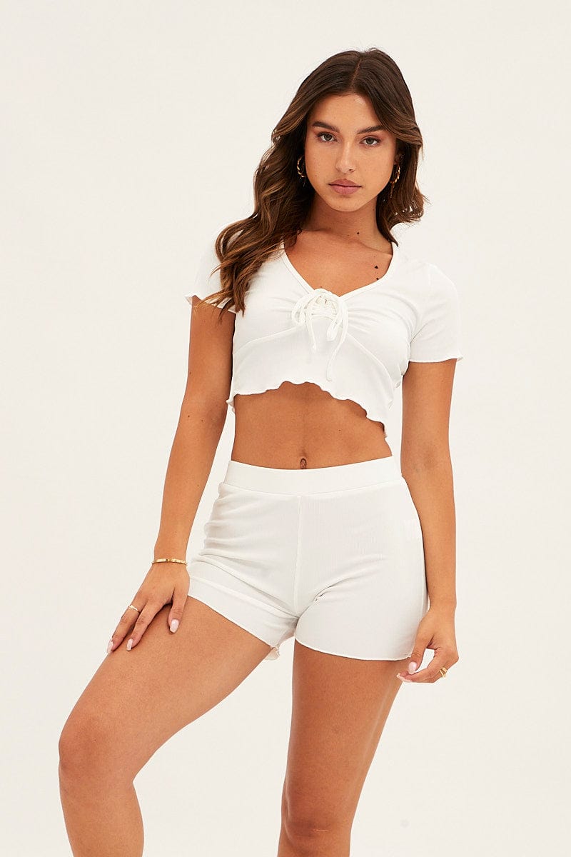 White Ruched Crop Top Loungewear Set for Ally Fashion