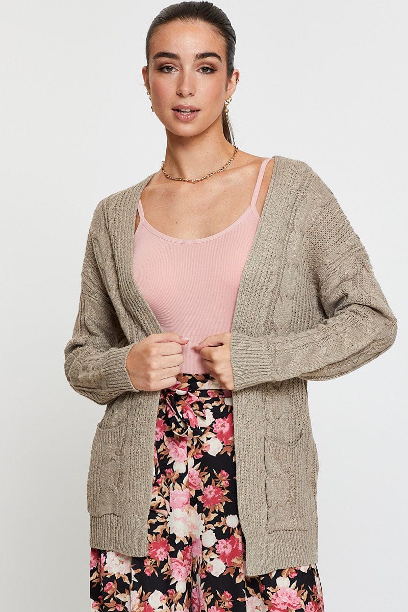 LGLINE CARDIGAN Camel Knit Cardigan Long Sleeve Relaxed Cable for Women by Ally