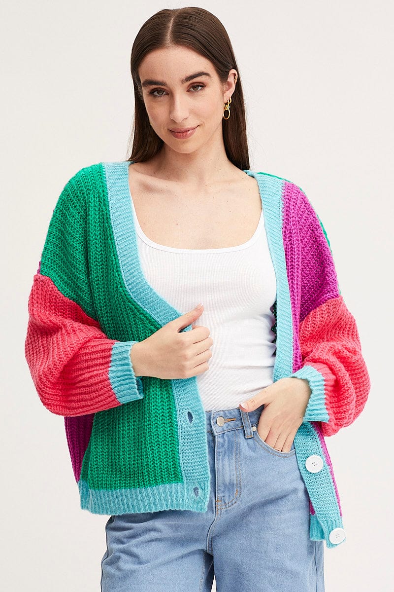LGLINE CARDIGAN Multi Knit Cardigan Long Sleeve Relaxed Colour Block for Women by Ally