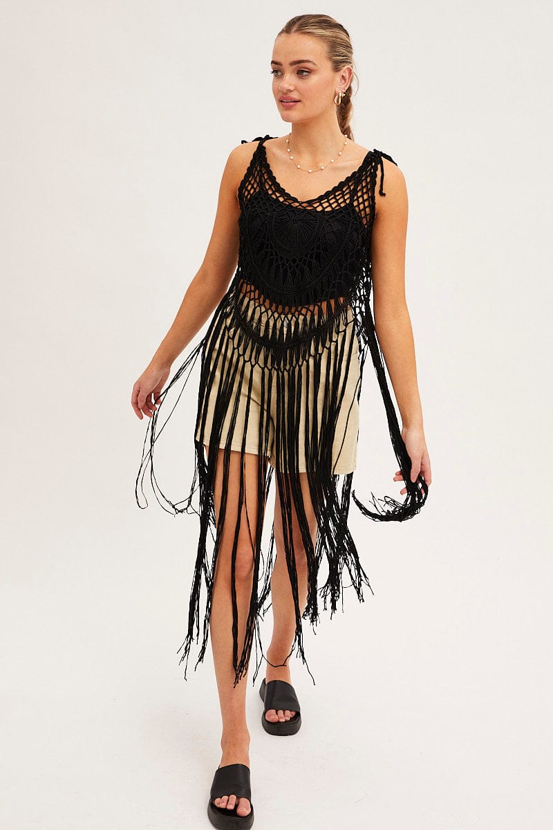 LINGERIE Black Crochet Beach Pullover Dress Cover Up for Women by Ally