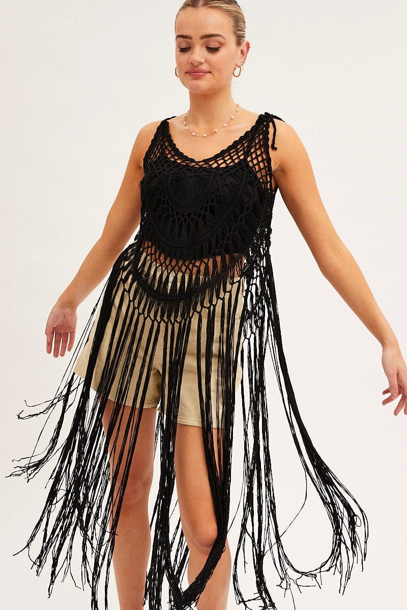 LINGERIE Black Crochet Beach Pullover Dress Cover Up for Women by Ally