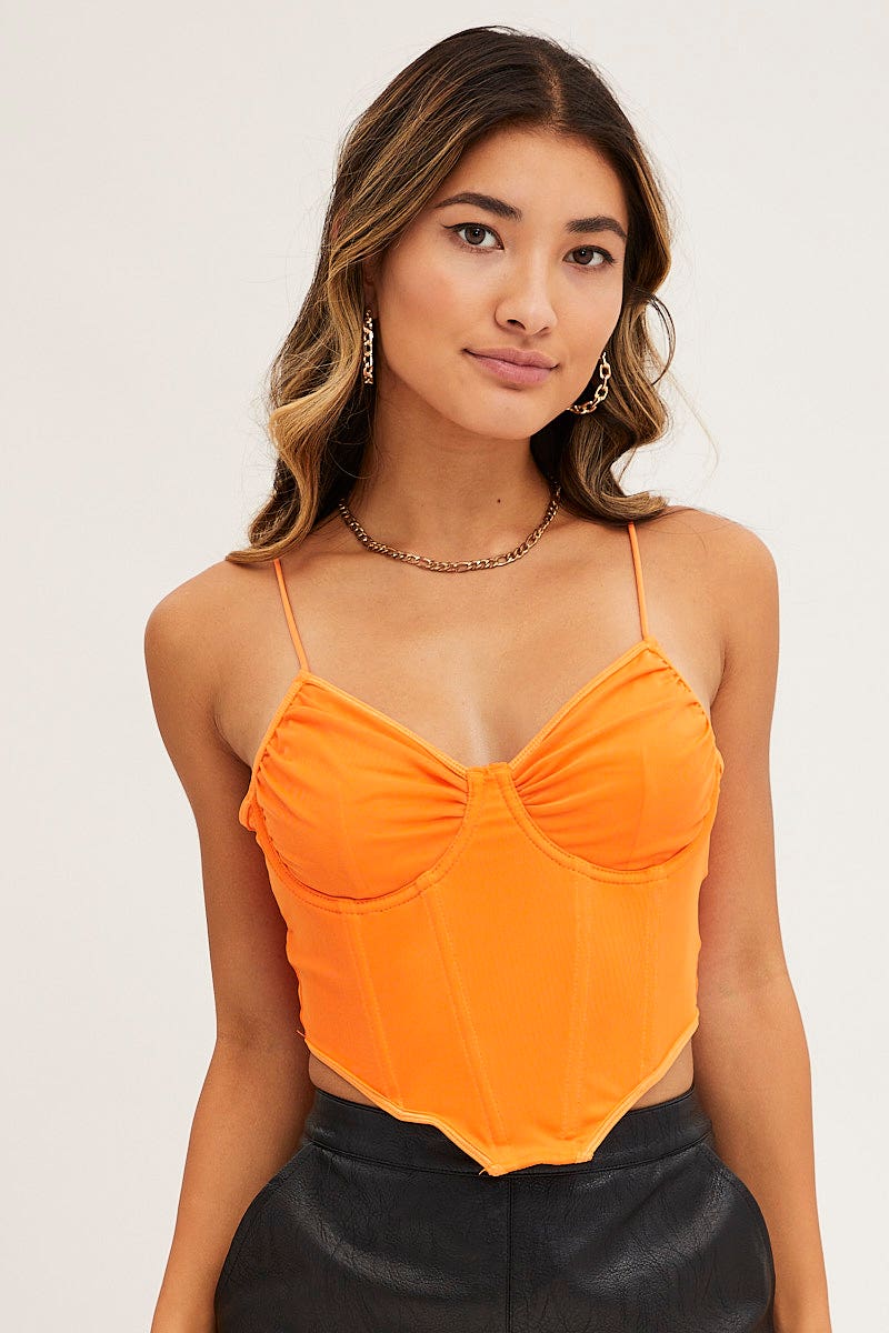 LINGERIE Orange Mesh Corset Top for Women by Ally