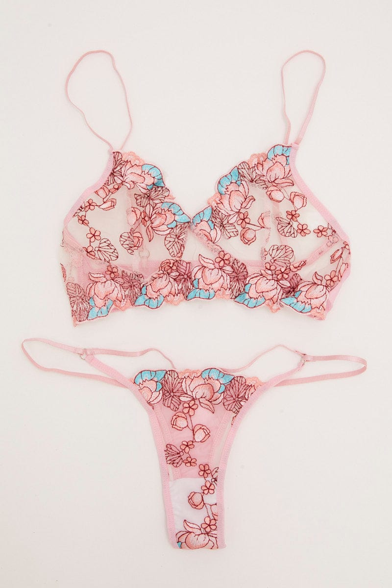 LINGERIE Pink Appliques Mesh Underwire Lingerie Set for Women by Ally