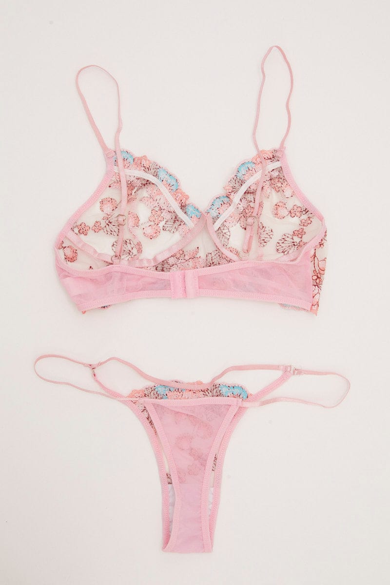 LINGERIE Pink Appliques Mesh Underwire Lingerie Set for Women by Ally