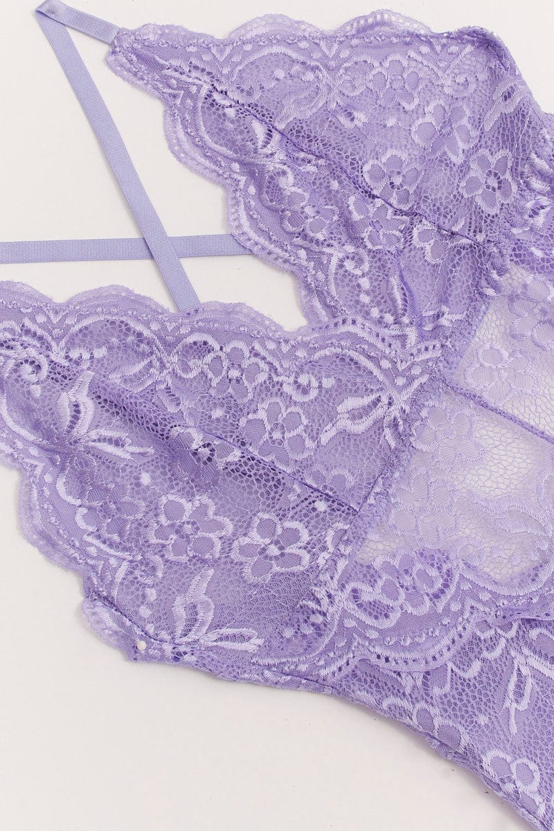 Purple Floral Lace One Piece Teddy Bodysuit | Ally Fashion