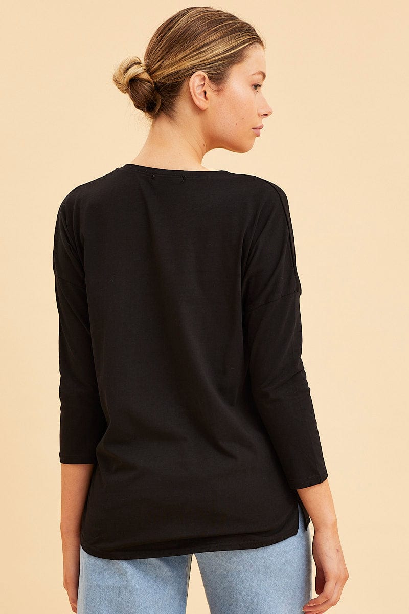 LONG SLEEVE Black Cotton Top 3/4 Sleeve Drop Shoulder Relaxed Fit for Women by Ally