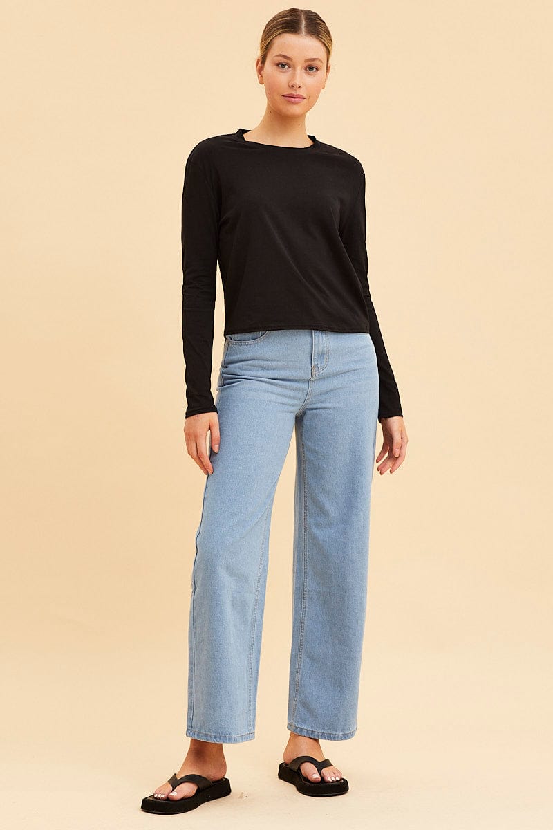 LONG SLEEVE Black Cropped T-Shirt Long Sleeve Crew Neck Cotton for Women by Ally