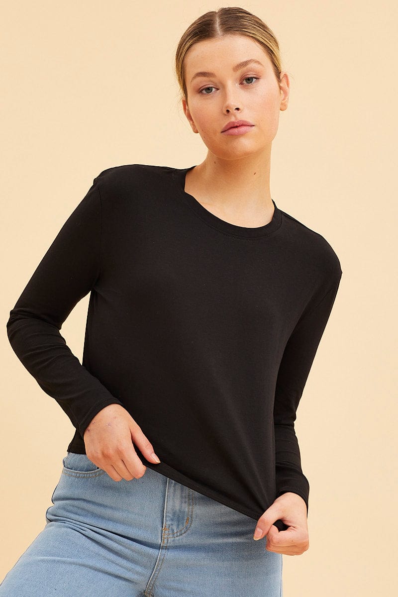 LONG SLEEVE Black Cropped T-Shirt Long Sleeve Crew Neck Cotton for Women by Ally