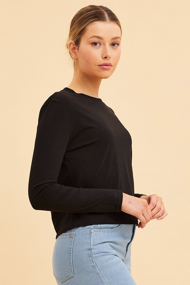 LONG SLEEVE Black Cropped T-Shirt Long Sleeve Crew Neck Cotton for Women by Ally
