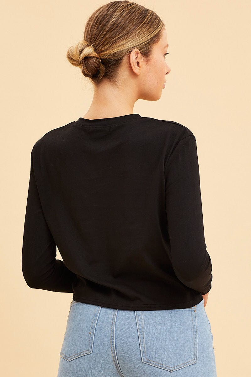 LONG SLEEVE Black Cropped T-Shirt Long Sleeve Crew Neck Cotton for Women by Ally