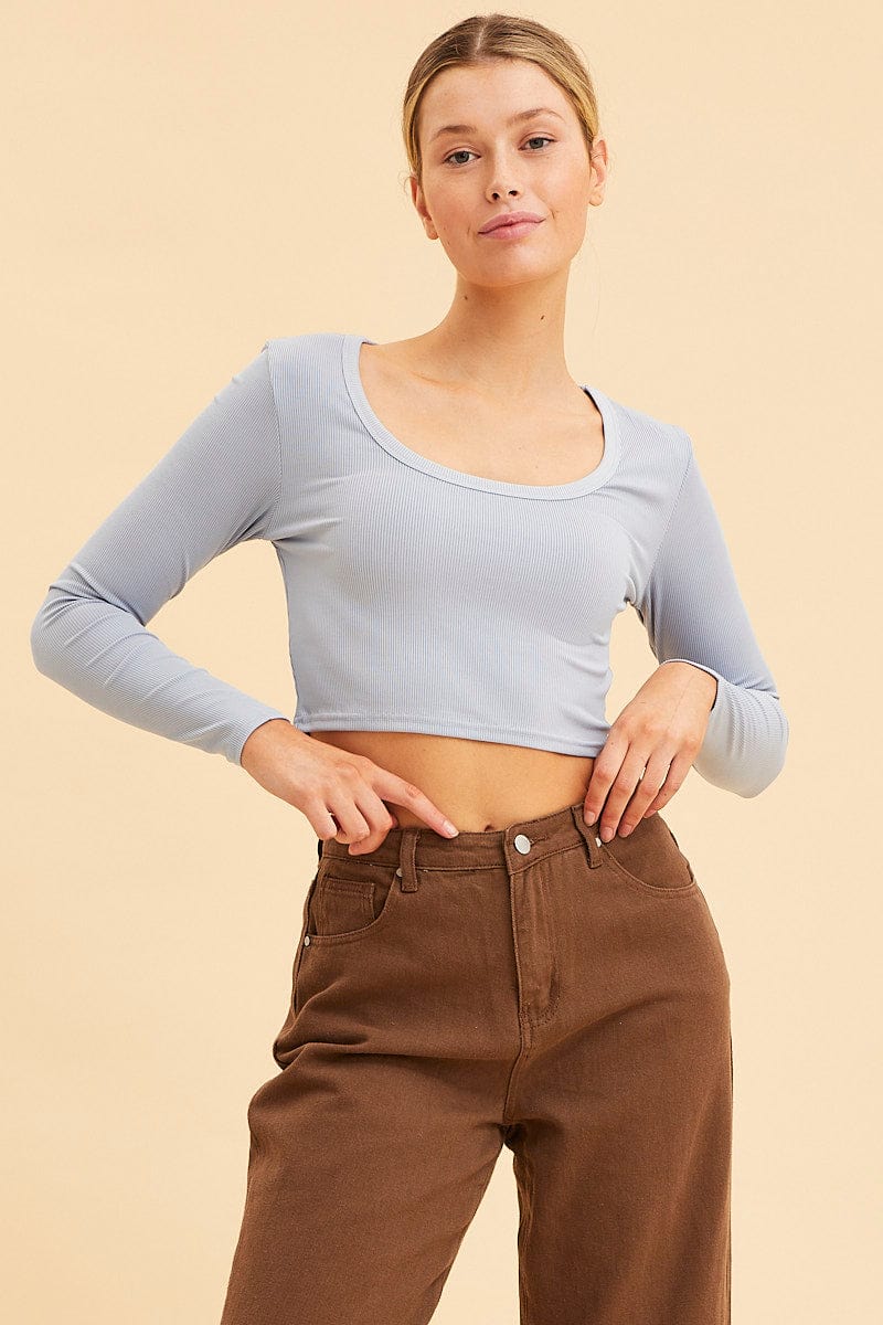 LONG SLEEVE Blue Crop Top Scoop Neck Long Sleeve Rib for Women by Ally