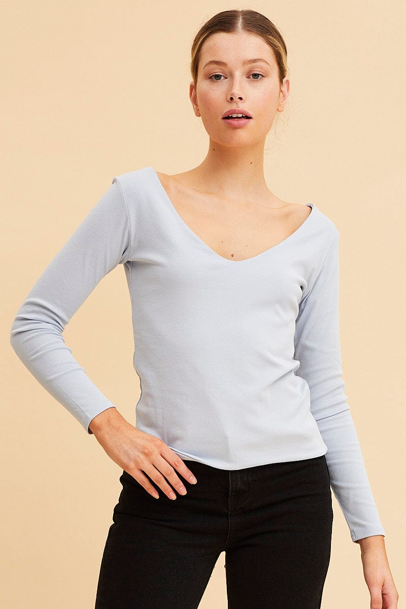 LONG SLEEVE Blue V Neck Top Long Sleeve Cotton Stretch for Women by Ally