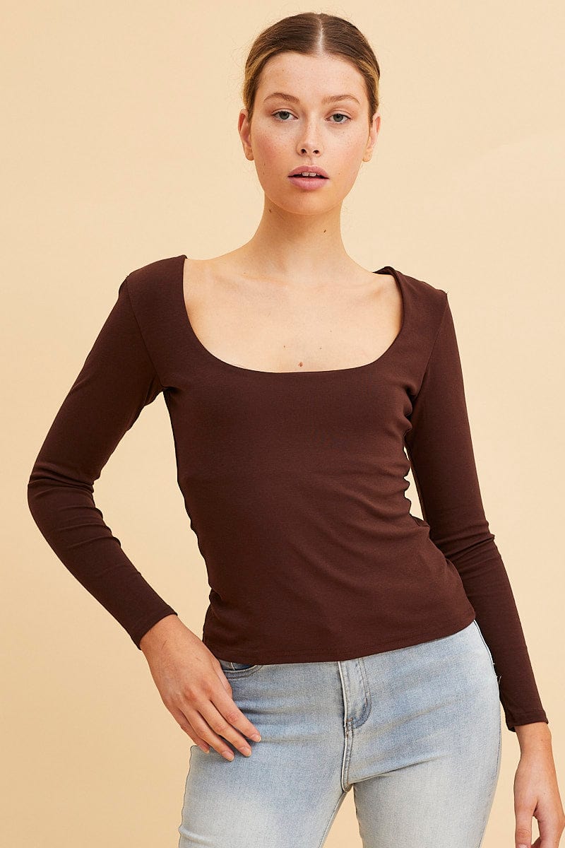 LONG SLEEVE Brown Cotton Top Long Sleeve Scoop Neck for Women by Ally