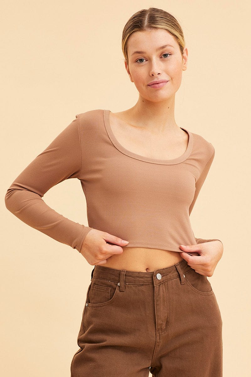 LONG SLEEVE Brown Crop Top Scoop Neck Long Sleeve Rib for Women by Ally