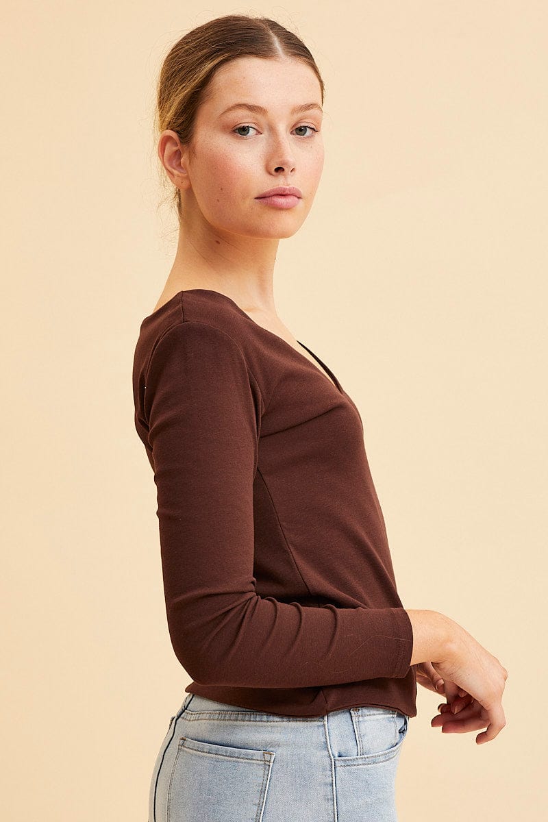 LONG SLEEVE Brown V Neck Top Long Sleeve Cotton Stretch for Women by Ally