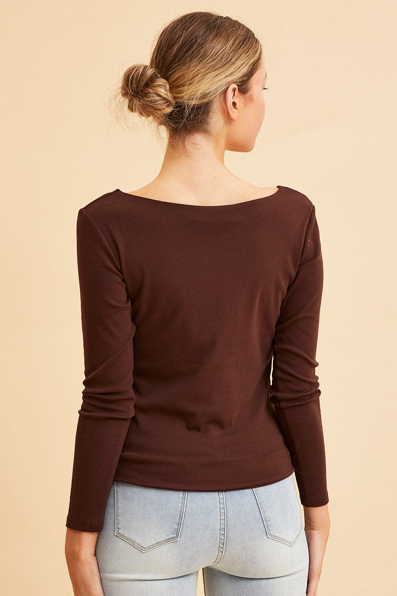 LONG SLEEVE Brown V Neck Top Long Sleeve Cotton Stretch for Women by Ally