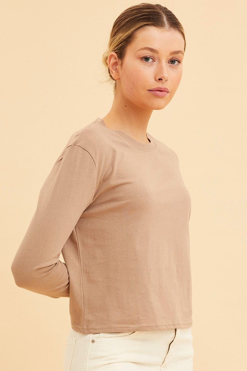 LONG SLEEVE Camel Cropped T-Shirt Long Sleeve Crew Neck Cotton for Women by Ally