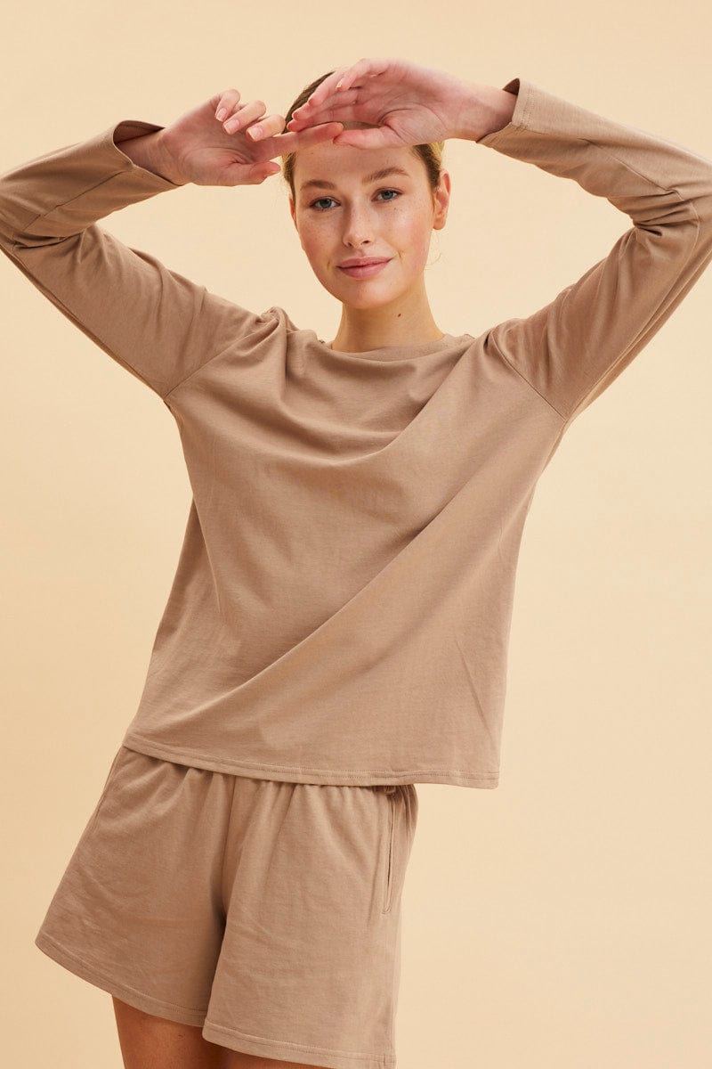 LONG SLEEVE Camel Long Sleeve T-Shirt Crew Neck Cotton Regular Fit for Women by Ally