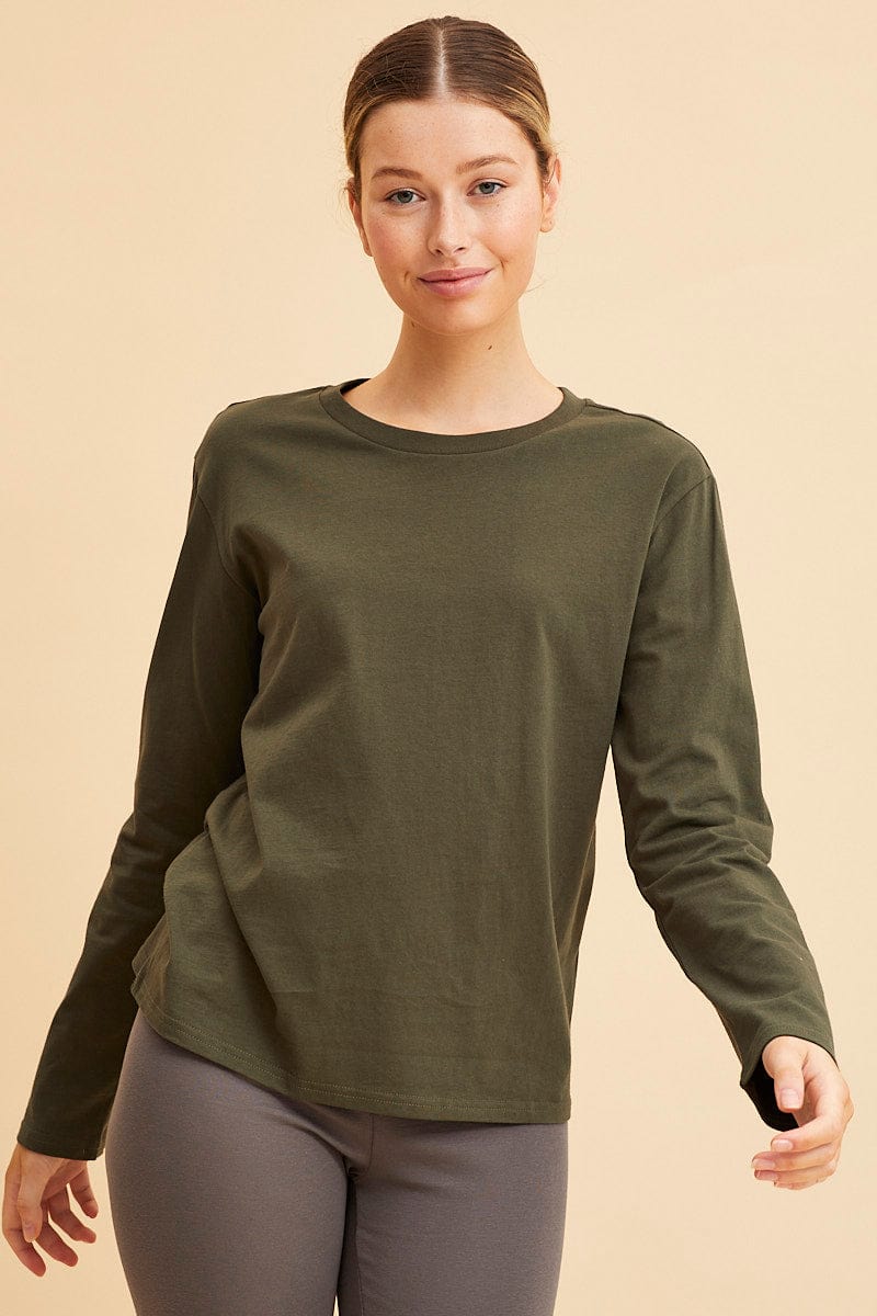 LONG SLEEVE Green Long Sleeve T-Shirt Crew Neck Cotton Regular Fit for Women by Ally