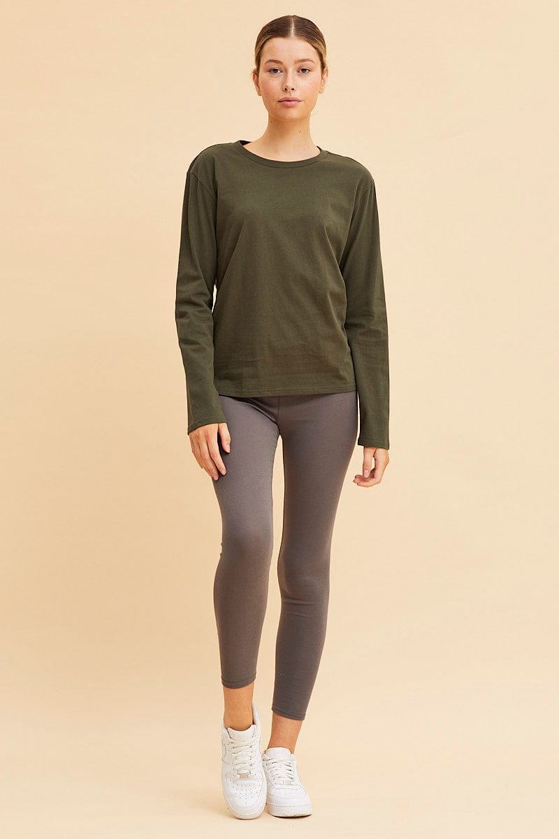 LONG SLEEVE Green Long Sleeve T-Shirt Crew Neck Cotton Regular Fit for Women by Ally