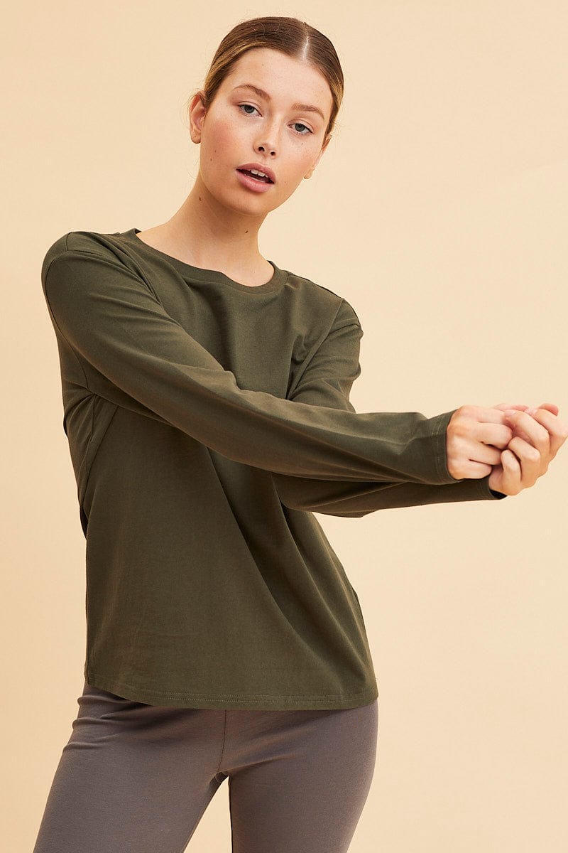 LONG SLEEVE Green Long Sleeve T-Shirt Crew Neck Cotton Regular Fit for Women by Ally