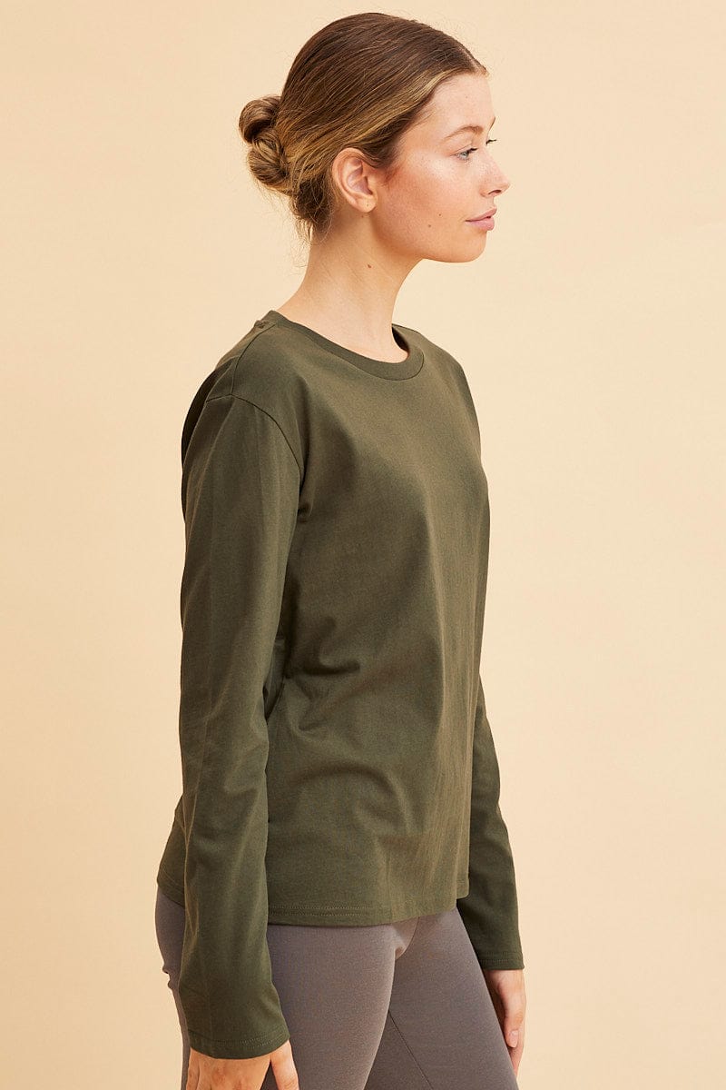 LONG SLEEVE Green Long Sleeve T-Shirt Crew Neck Cotton Regular Fit for Women by Ally