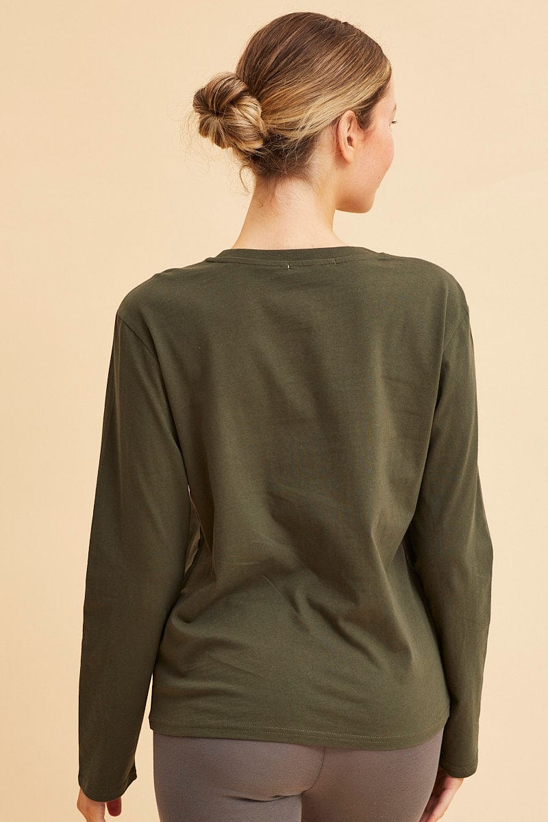LONG SLEEVE Green Long Sleeve T-Shirt Crew Neck Cotton Regular Fit for Women by Ally
