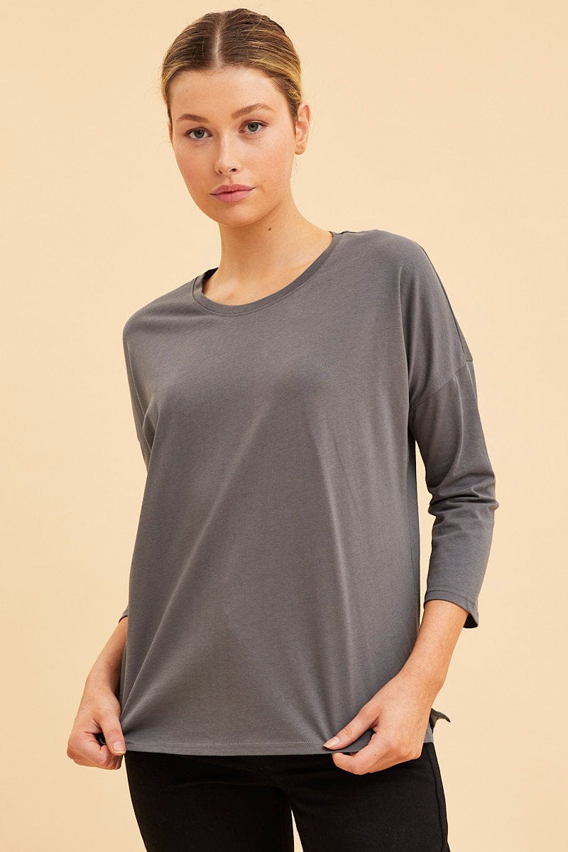 LONG SLEEVE Grey Cotton Top 3/4 Sleeve Drop Shoulder Relaxed Fit for Women by Ally