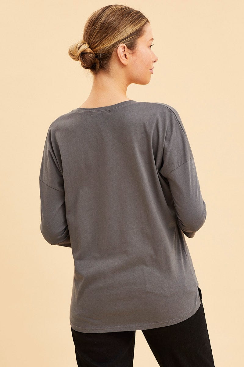 LONG SLEEVE Grey Cotton Top 3/4 Sleeve Drop Shoulder Relaxed Fit for Women by Ally
