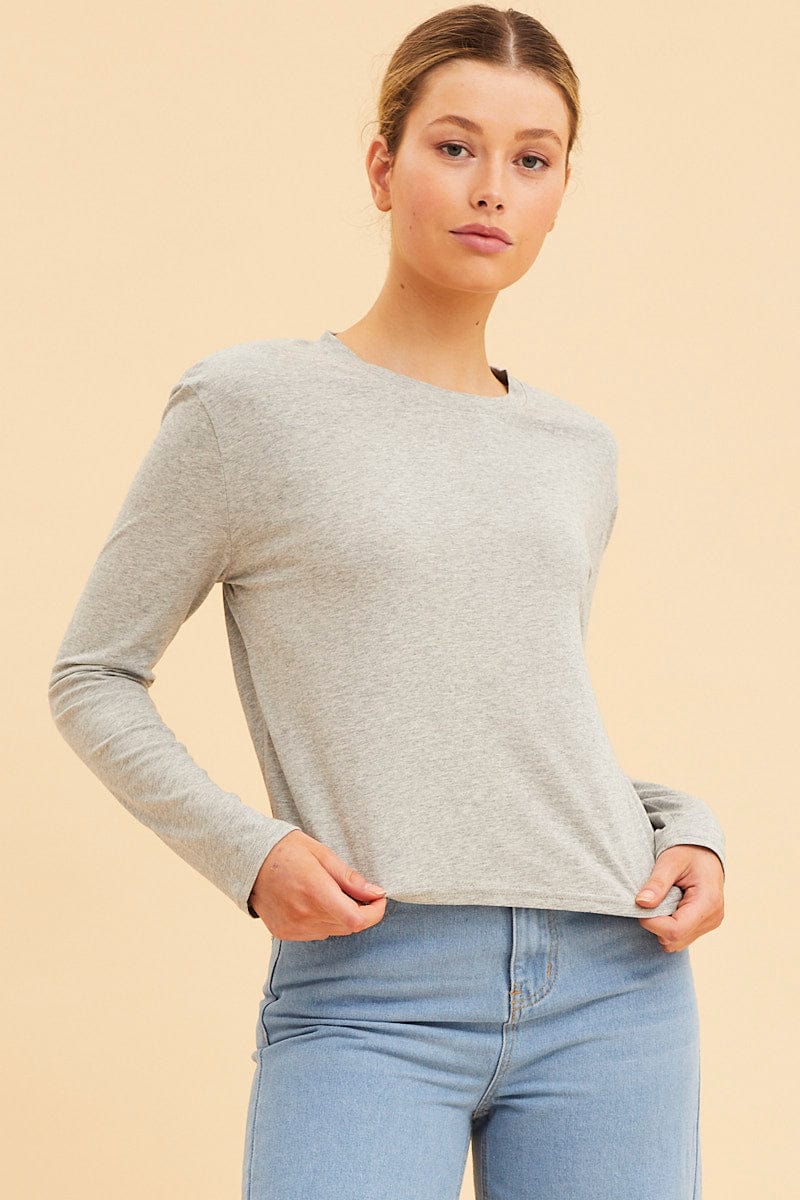 LONG SLEEVE Grey Cropped T-Shirt Long Sleeve Crew Neck Cotton for Women by Ally