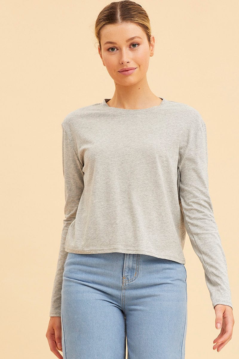 LONG SLEEVE Grey Cropped T-Shirt Long Sleeve Crew Neck Cotton for Women by Ally