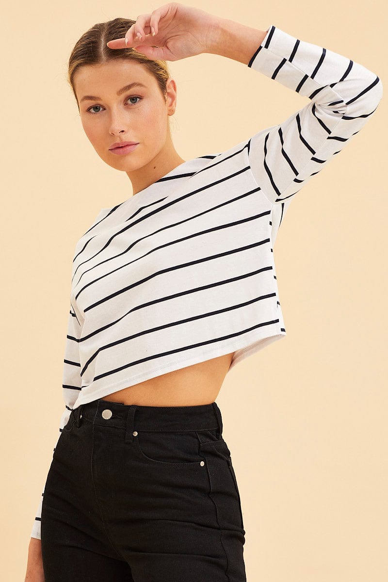 LONG SLEEVE Stripe Boxy Top Wide Neck Long Sleeve for Women by Ally