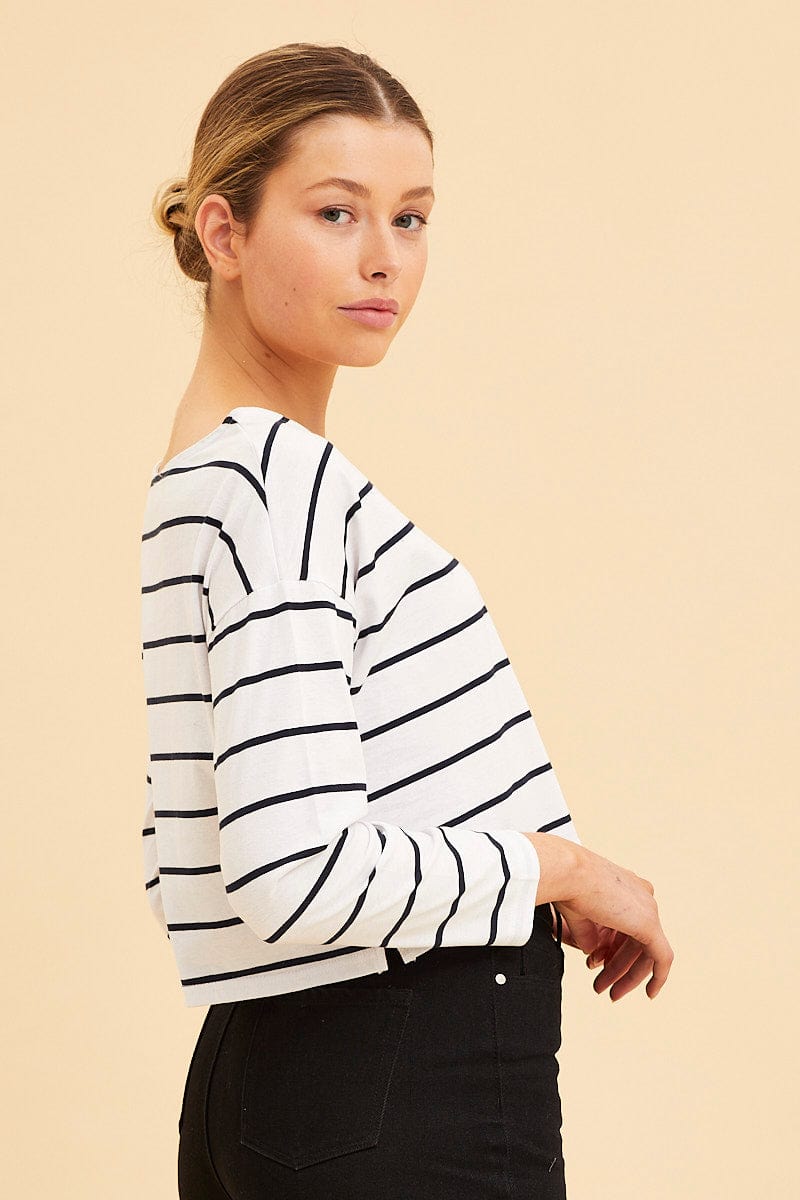 LONG SLEEVE Stripe Boxy Top Wide Neck Long Sleeve for Women by Ally