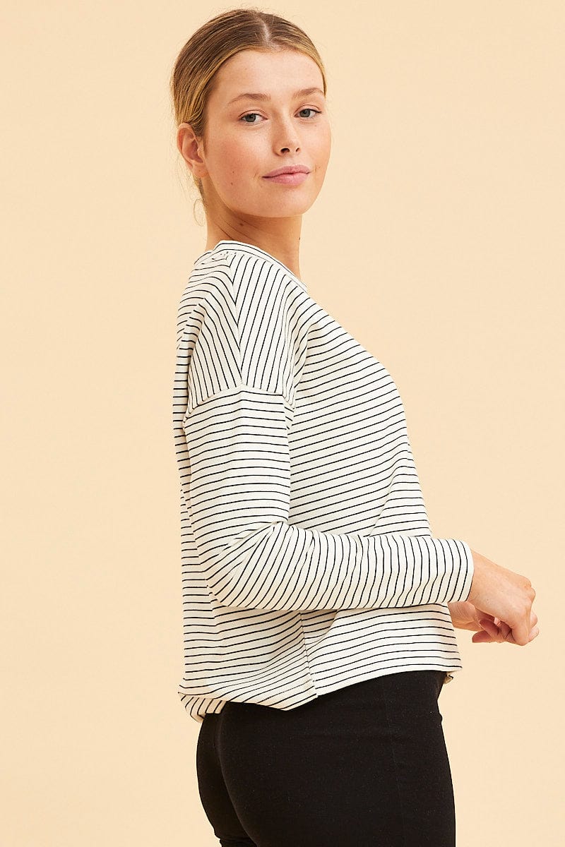 LONG SLEEVE Stripe Long Sleeve Top Drop Shoulder Crew Neck for Women by Ally