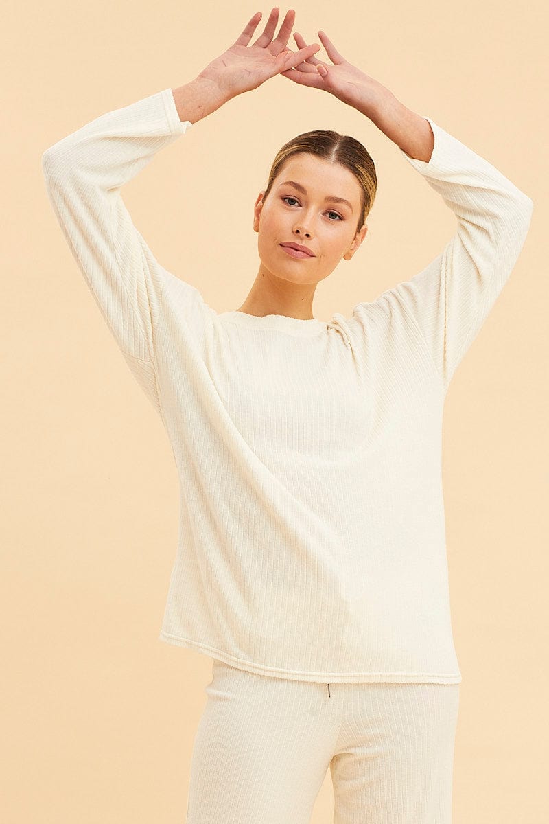 LONG SLEEVE White Rib Top Long Sleeve Crew Neck Brushed for Women by Ally