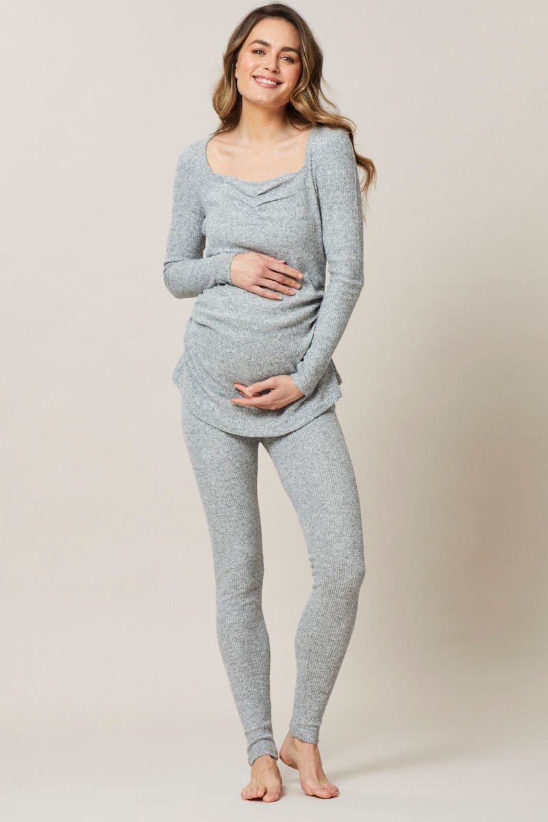 LONG SLV RGL SET Grey Maternity Long Sleeve Brushed Rib Nightwear Set for Women by Ally