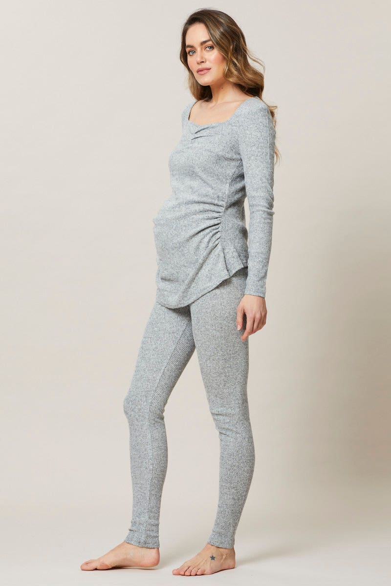 LONG SLV RGL SET Grey Maternity Long Sleeve Brushed Rib Nightwear Set for Women by Ally