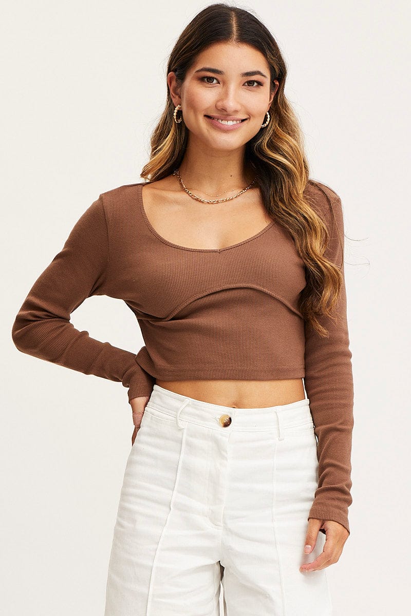 LSV TSHIRT BASIC TOP Brown Top Long Sleeve Round Neck for Women by Ally