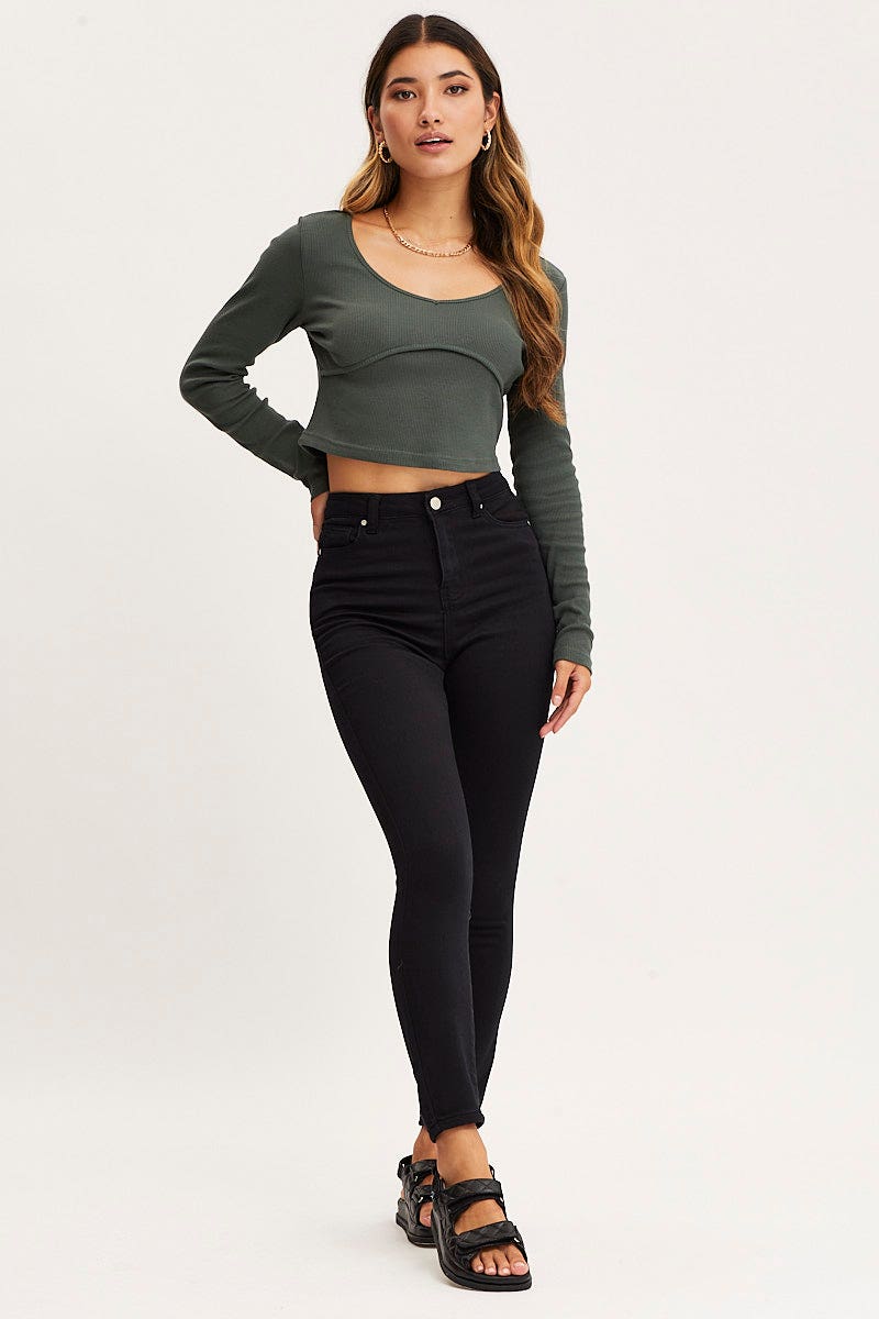 LSV TSHIRT BASIC TOP Green Top Long Sleeve Round Neck for Women by Ally